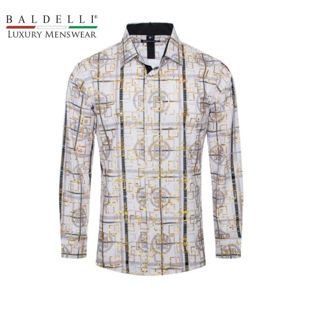 High Fashion Men's Dress Shirt White with Black and Gold foil Details